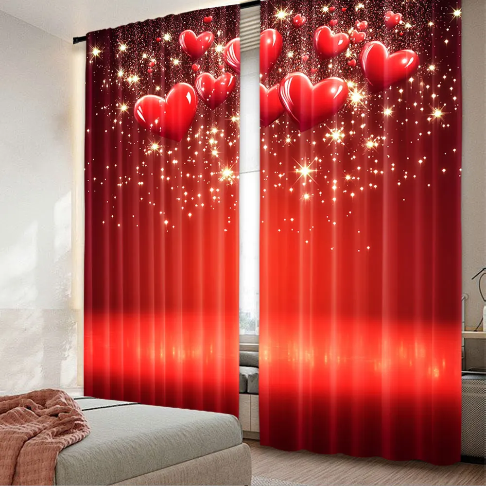 2Pcs Red Bubble Hearts Curtain For Lovers Stars Heart Theme Curtain Apply To Living Room Bedroom Store Hotel