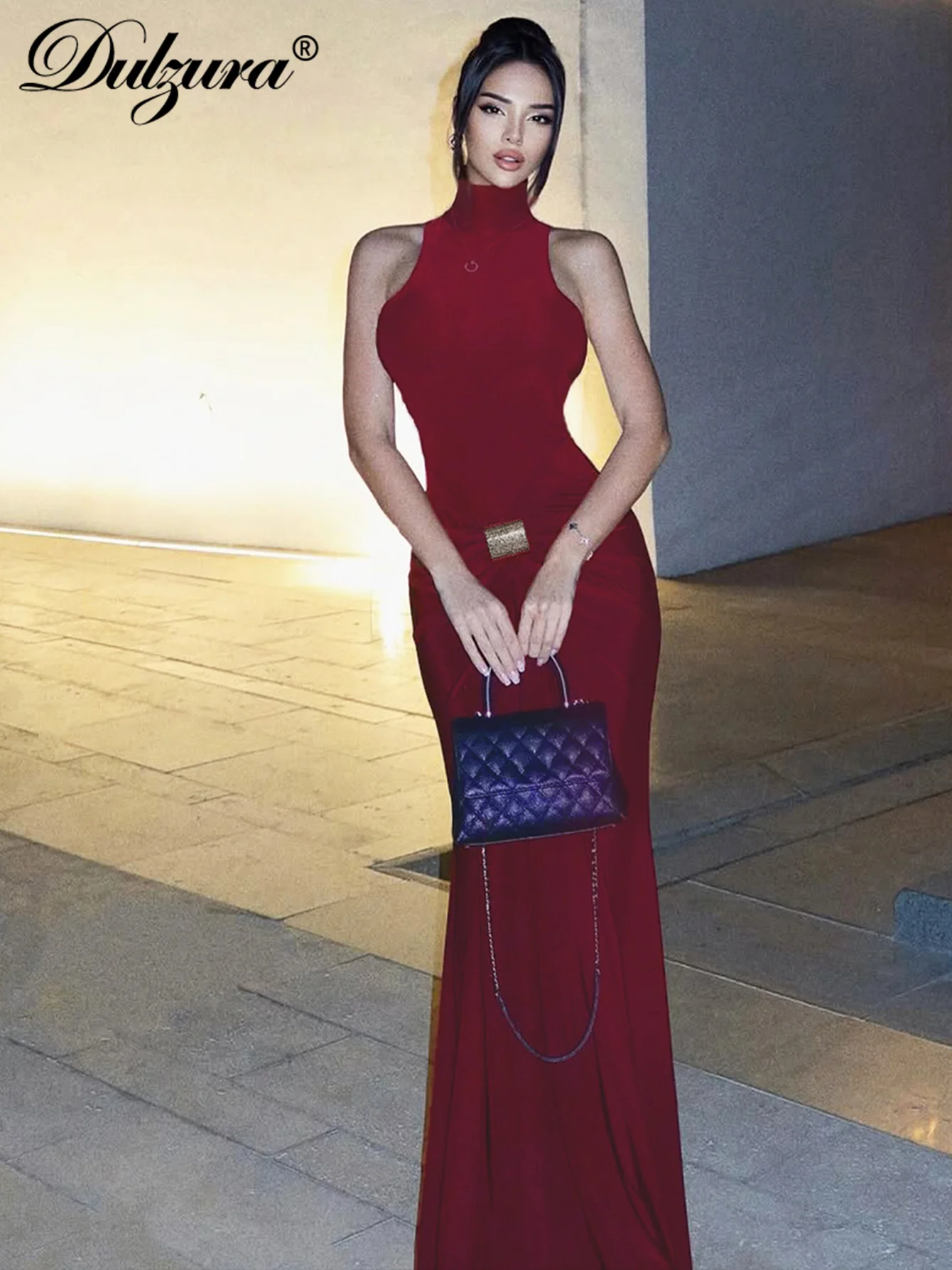 Dulzura O-hals Mouwloos Backless Bodycon Ruches Metalen Maxi Jurk Sexy Elegante Casual Lange Jurk Party Clubwear Zomerkleding
