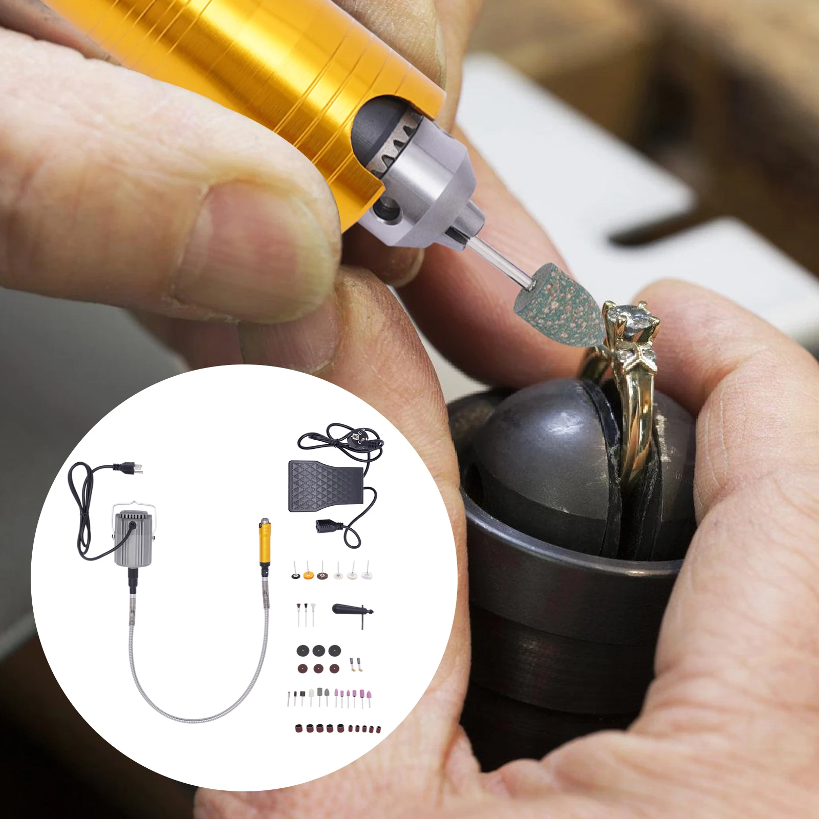 Rotary Tool Flex Shaft Hanging Grinder Carver Electric Multi-function Metalworking Tools Repair Kit, Foot Pedal Control, 780W