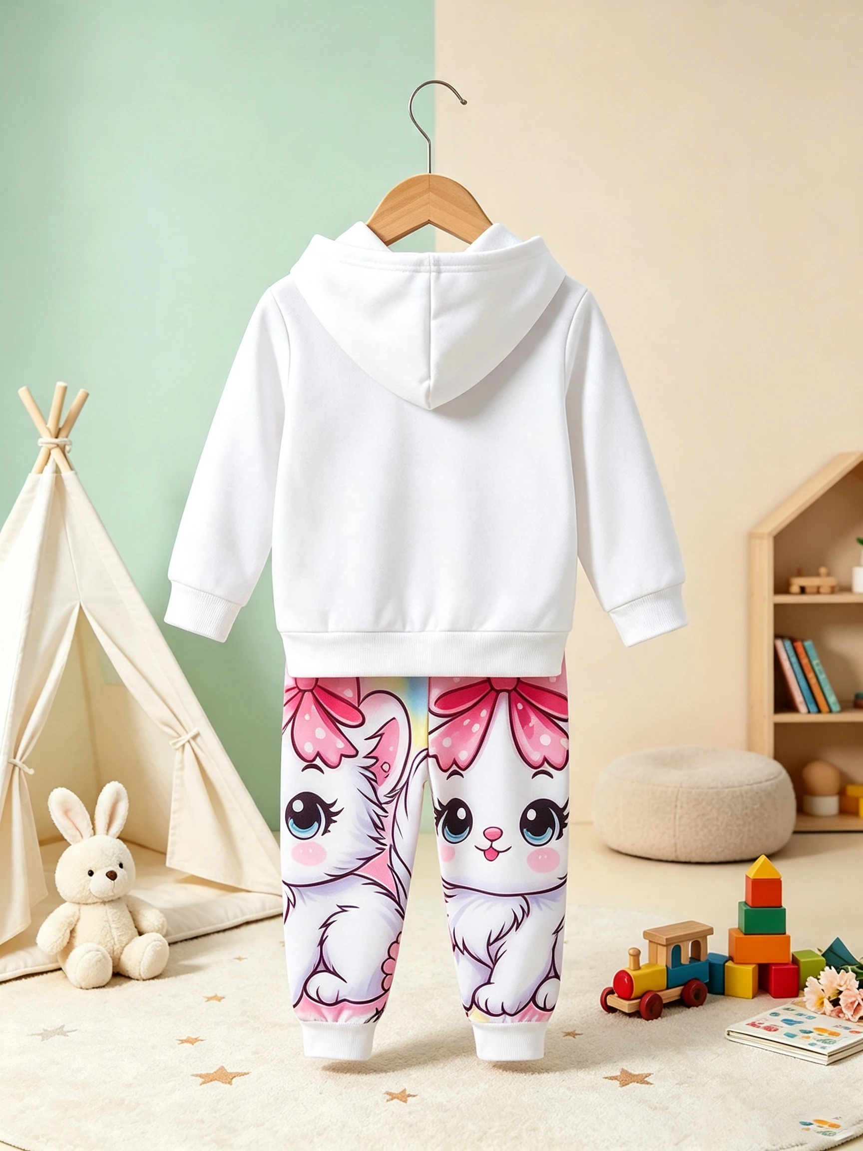 Toddler Girl Cartoon Cat Rainbow Print Hoodie Tracksuit 2Pcs Outfit Set, Pet Clothes Not Included