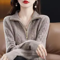 Autumn and Winter Women's Solid Half High Collar Long Sleeve Zipper Screw Thread Loose Sweaters Jumpers Fashion Casual Tops