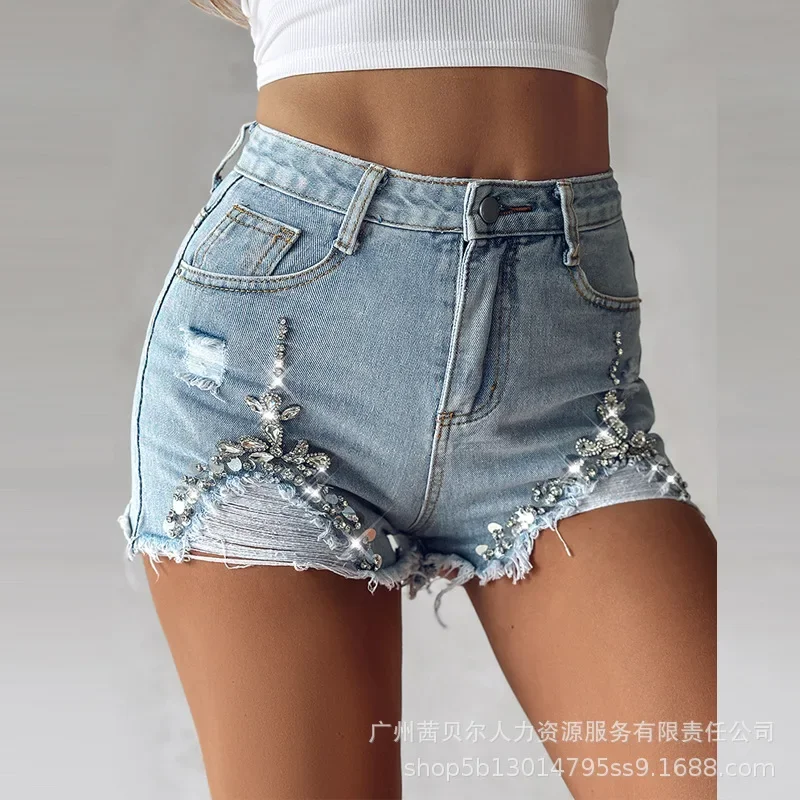 Rhinestone Ripped Denim Shorts Jeans Women Pants Casual Slim Pant High Waist Elegant Splice Y2k Pocket Club Trousers Summer