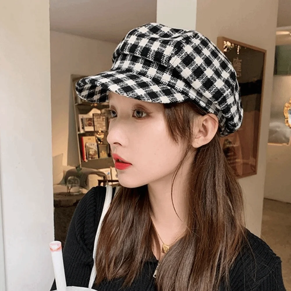 Sweet Korean Style Plaid Beret Hat Keep Warm Lattice Women Painter Hat Small Fragrant Style Women Octagonal Cap Ladies