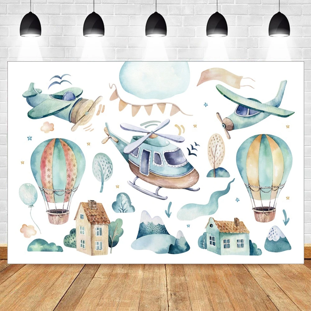 วันเกิดเด็กเครื่องบินฉากหลังเครื่องบินผจญภัยรถ Hot air บอลลูนเมฆ Baby Shower Birthday Party ภาพพื้นหลังสตูดิโอ