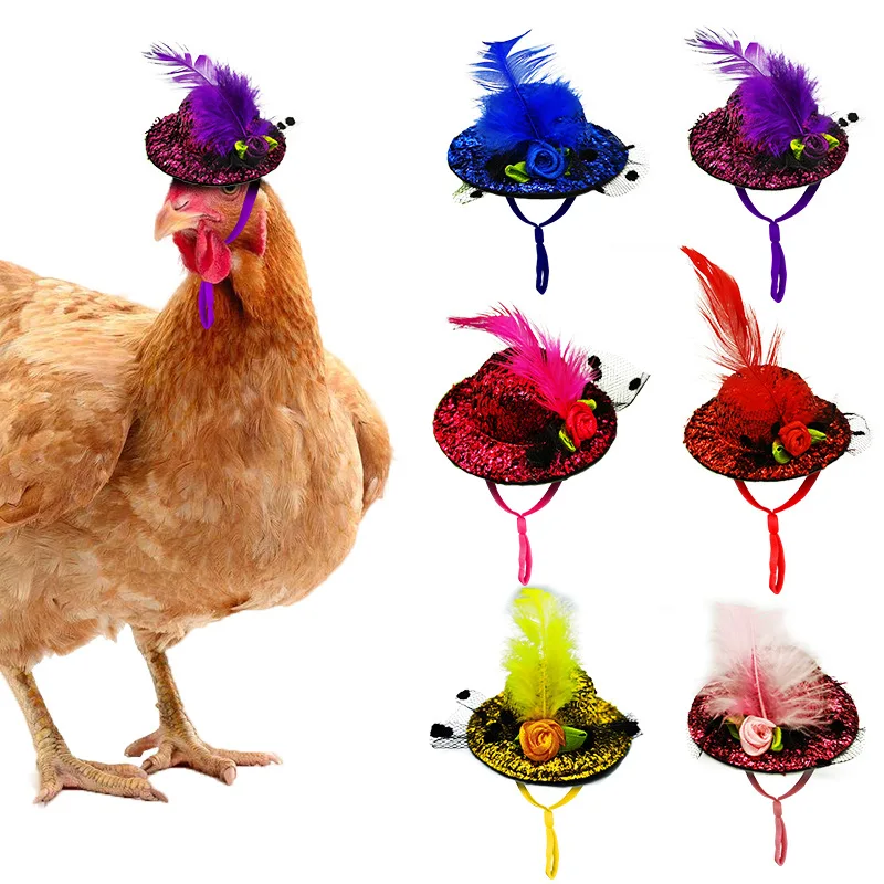 Chicken Hats For Hens Feather Top Hat With Adjustable Elastic Chin Strap Mini Hat Chicken Helmets Accessories Rooster Duck