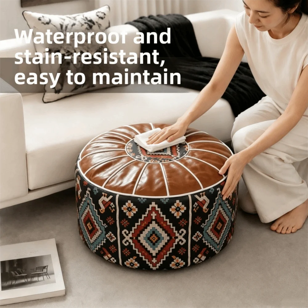 Multipurpose PU Leather Sofa Stool Cover Fillable Round Footstool Cover Boho Style Foldable Leather Pouf Tatami