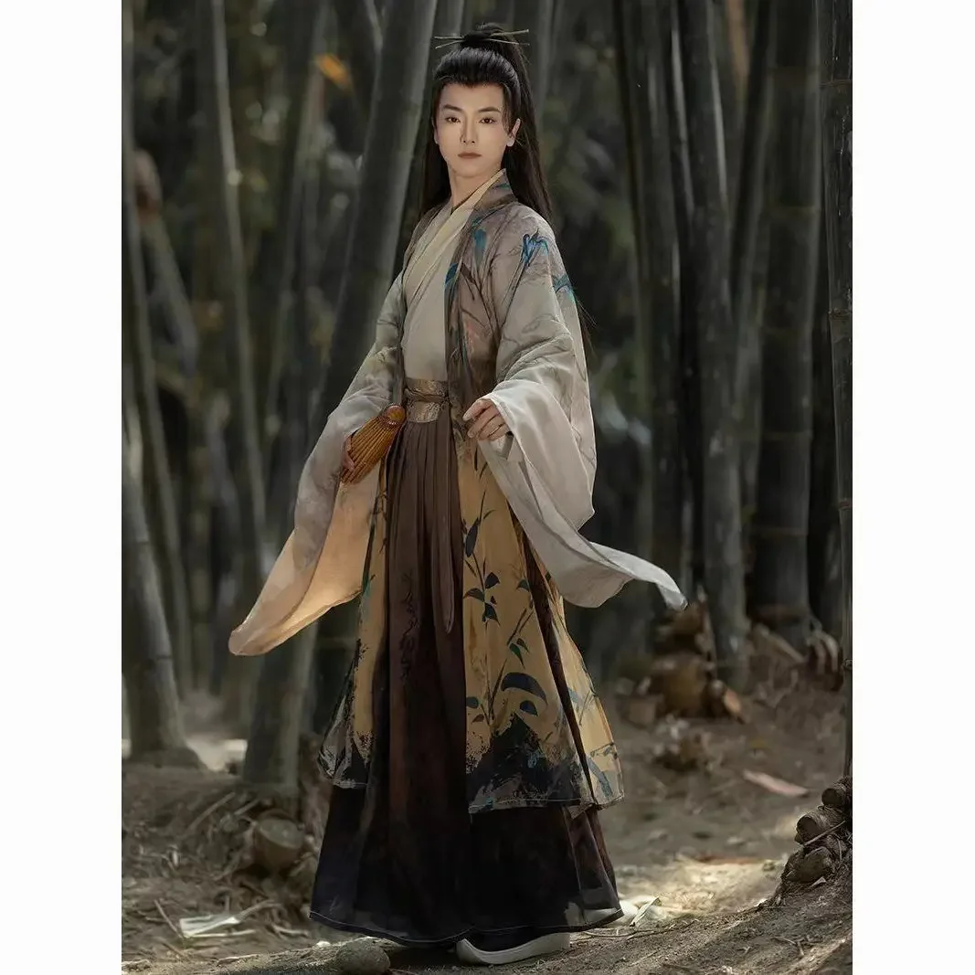 

Spring and summer Hanfu Chinese traditional style Wei Jin Dynasty men's clothing embroidered print cool handsome youth robes