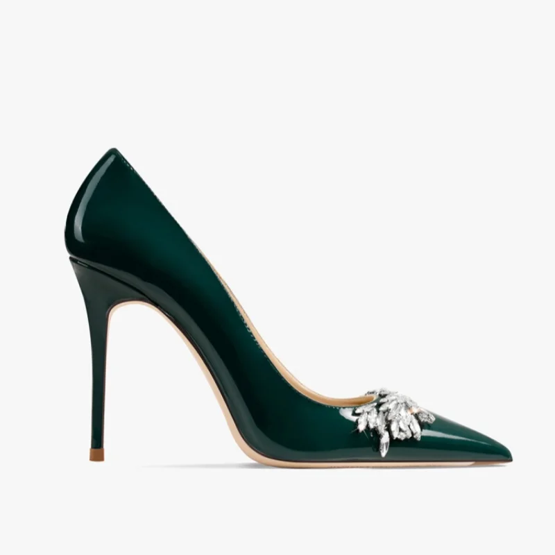 

Heels For Ladies 2025 New Green Patent Leather Rhinestone High Heels Pointed toe stiletto Pumps Fashion Sexy Party Wedding Shoes