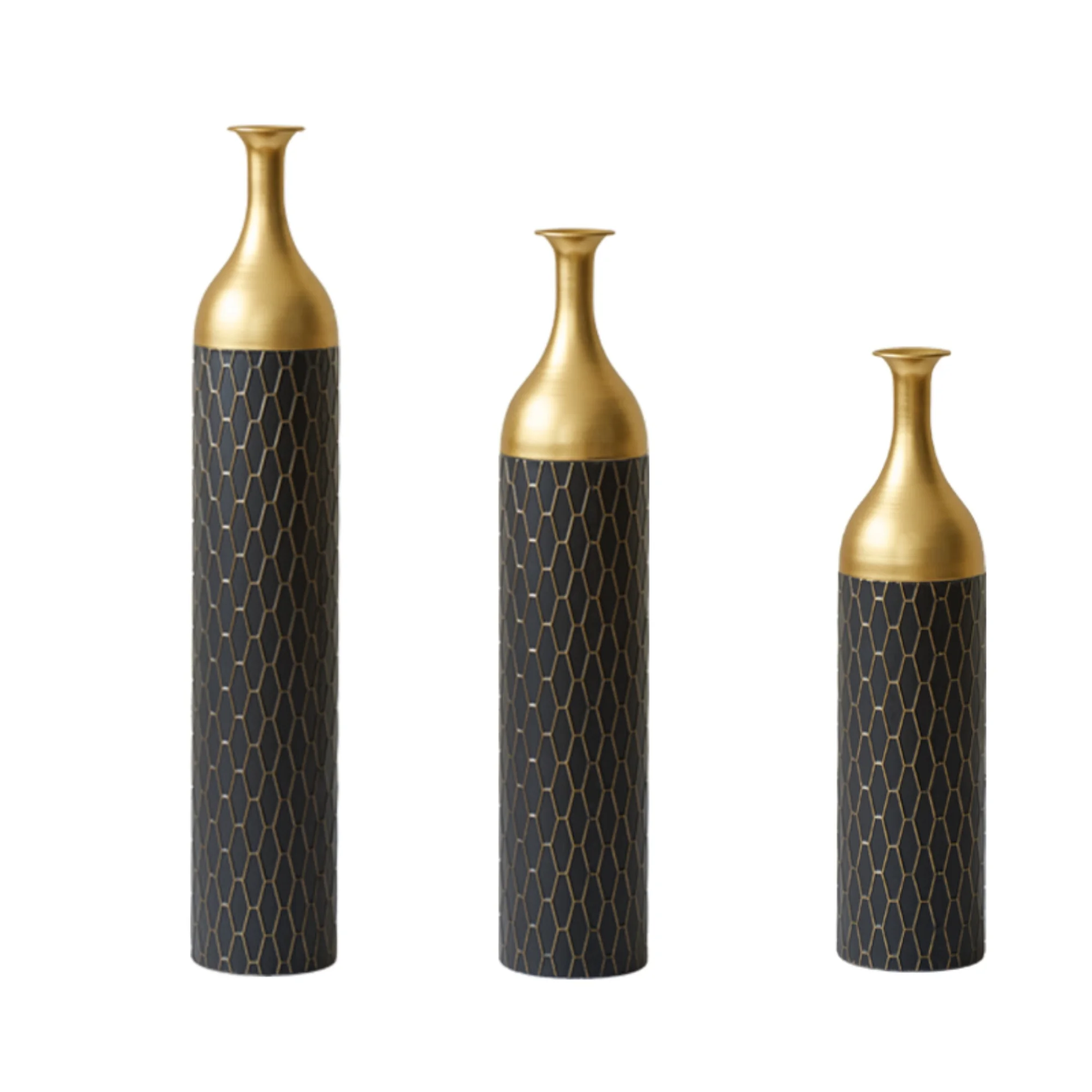 3-Piece Handcrafted Metal Floor Vase Set, Black & Gold Honeycomb Pattern Vases (24.8