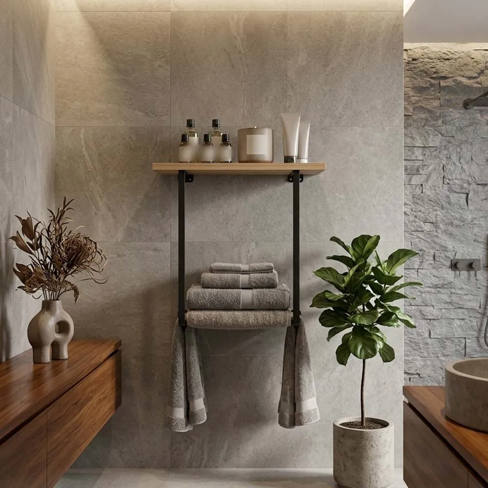Wall Mount Towel Rack with Integrated Shelf for Towel Folding and Bottle Placement Solid and Cement Wall Mount