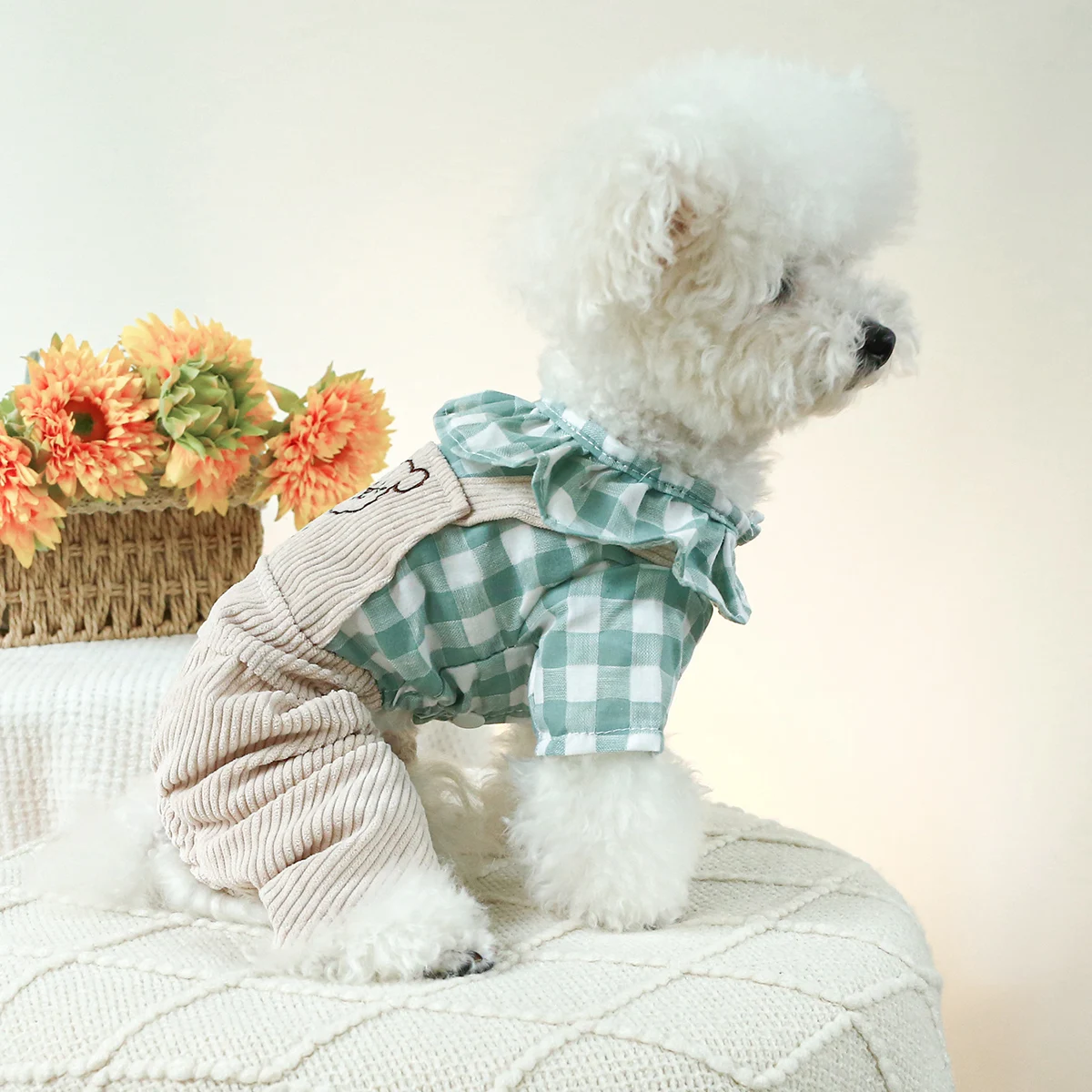 1PC Pet Clothes Cat Spring and Autumn Lotus Leaf Green White Strap Pants Four legged Suitable for Small and Medium Dogs