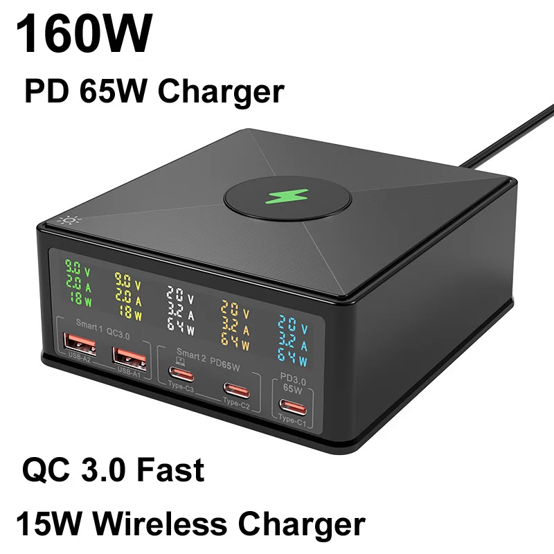 

160W GaN USB Charger Station PD 65W TYPE C 65W Fast charger Hub USB C QC3.0+15W Wireless Charger For Phone Laptop Notebook