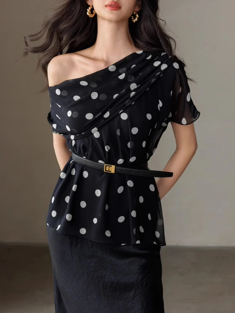 

Новинка лета 2025 года, плиссированный шифоновый топ ручной работы в горошек, женский двусторонний дизайн с перекрестными плечами, корейский прямой топ Dr