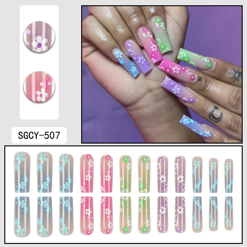 24-teilige künstliche Nägel in Sargform für Damen im französischen Stil, künstliche mehrfarbige Blumenverlaufsnägel zum Aufdrücken