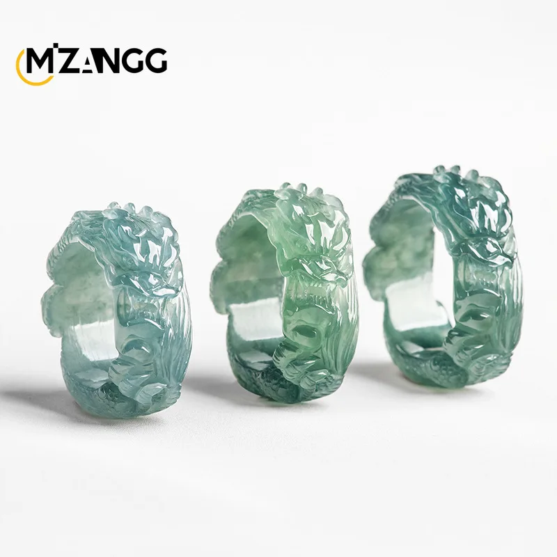 High-grade Natural A-goods Jadeite Blue Water Dragon King Ring Three-dimensional Carving Ice Jade Exquisite Men's Ring Gift