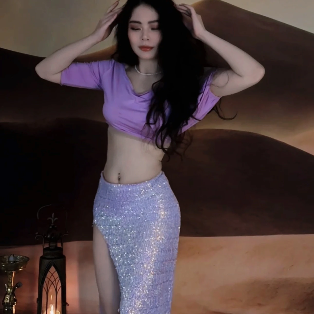 Nieuwe buikdanskostuum sexy off-shoulder top + high-end pailletten lange rok set volwassen vrouwen Oosterse dansvoorstelling kostuums