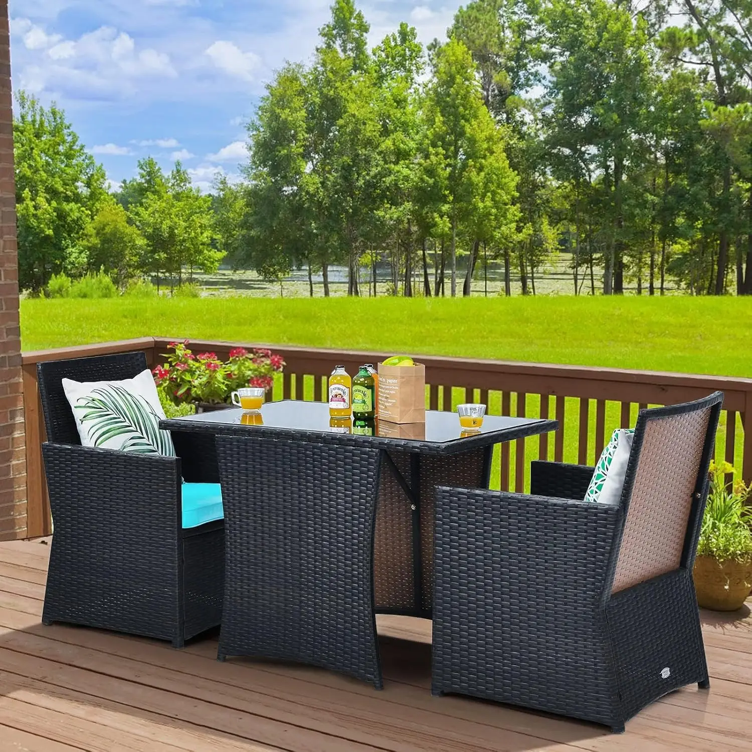 Wicker Patio Bistro Set 3 Piece, Outdoor Table and Chairs with Tempered Glass Tabletop, Cushions, Small Rattan, Customized