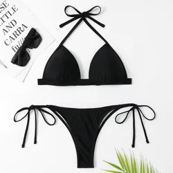 Maillot de bain brésilien froncé à lacets, noir/blanc/rouge, col licou, coupe dure/push-up, culotte taille basse, couleur unie, pour femmes, 2024