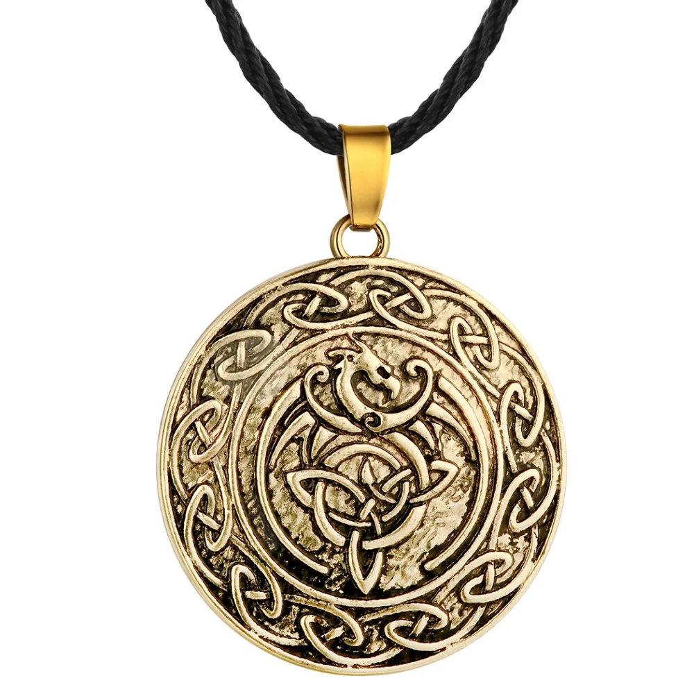 QIAMNI Antique Punk Veles Stamp Slavic Bird Dragon Sun Bear Wolf Round Charm Pendant Necklace Christmas Gift Men Women