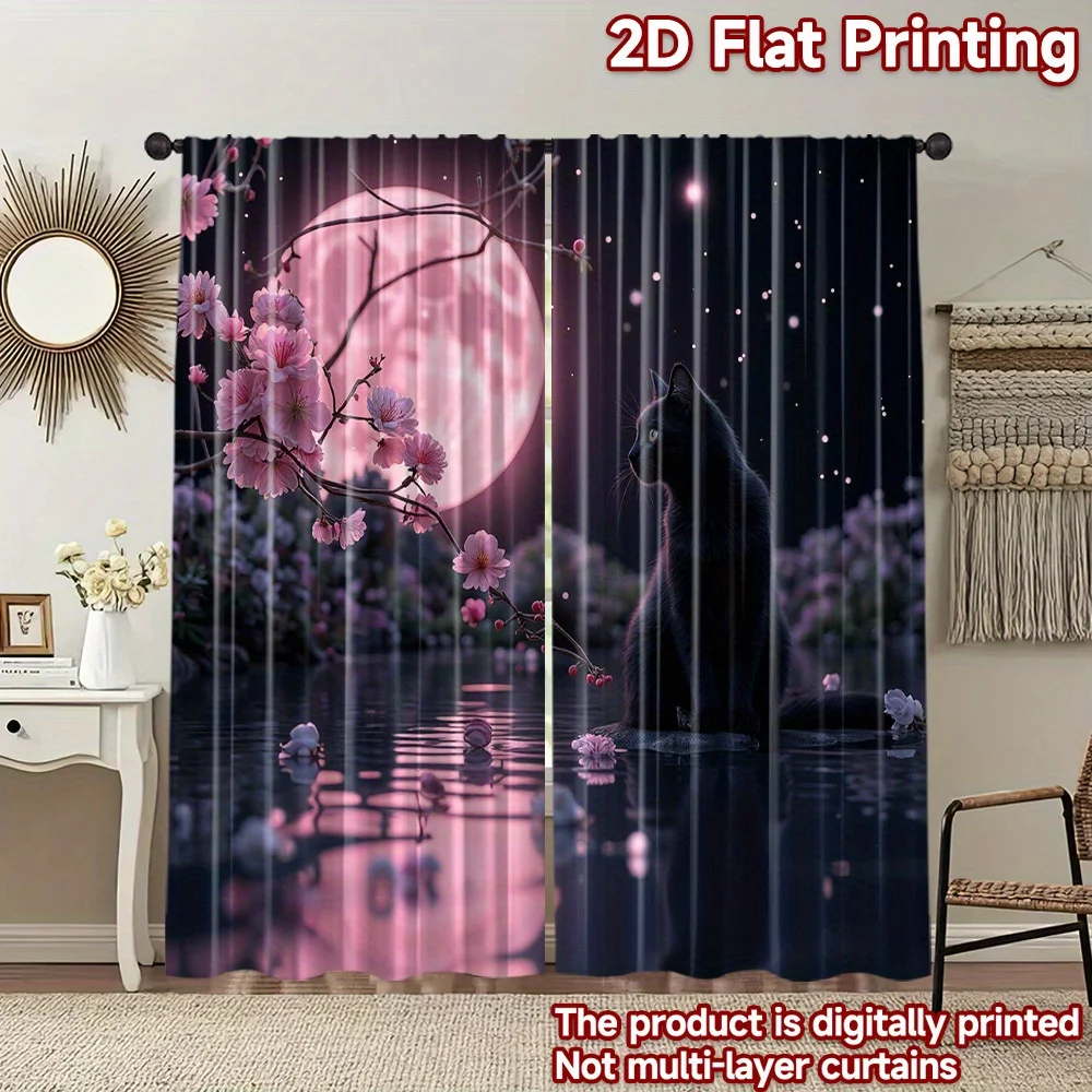 Romantic Night Sakura Moon Black Cat Curtain 2 Pack, Water Reflection Floral Print Drapes for Girls Bedroom Living Room Decor