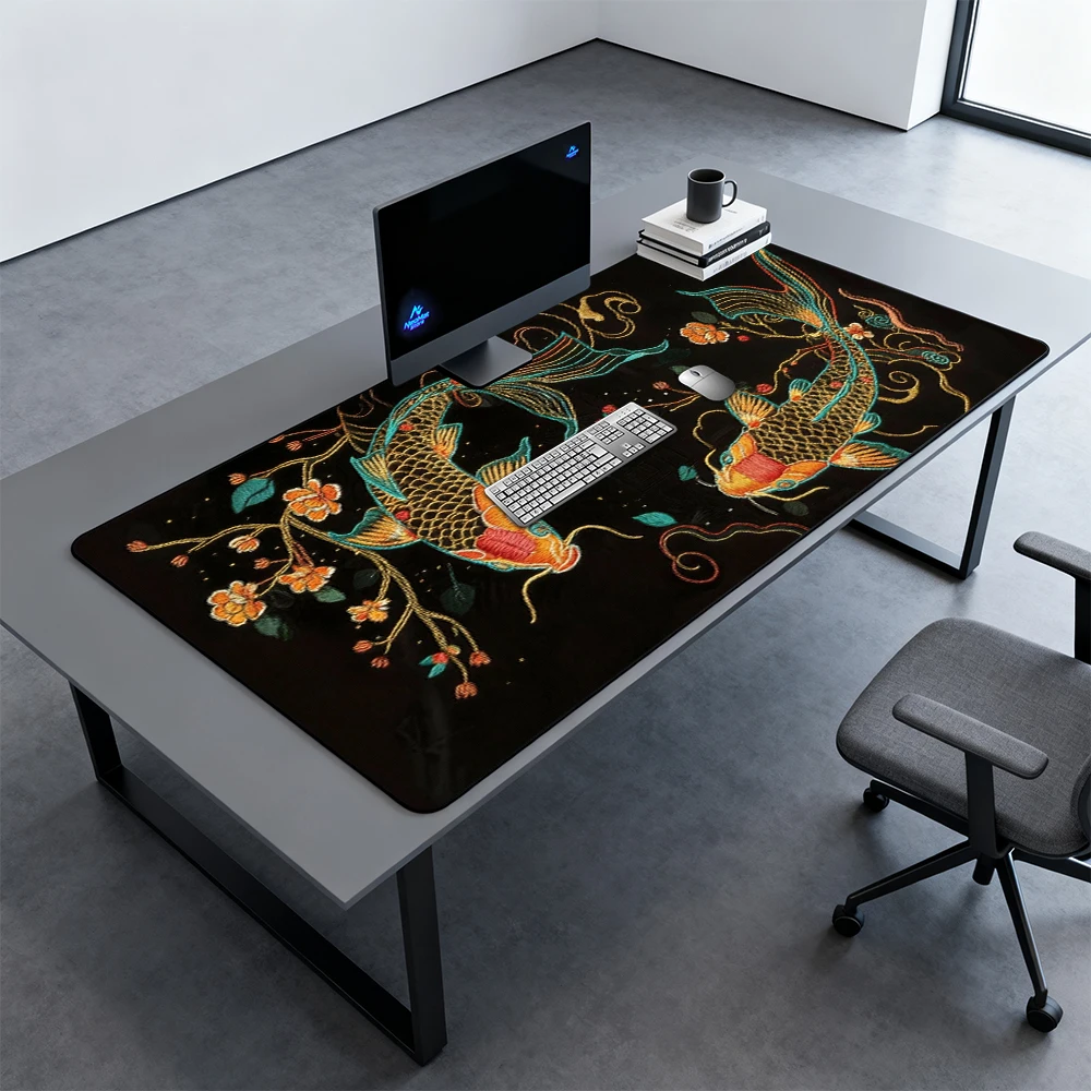 

Большой коврик для мыши с карпами кои, настольный коврик для компьютера, аксессуары для игровых столов, эстетичный японский коврик для клавиатуры, черный коврик в китайском стиле
