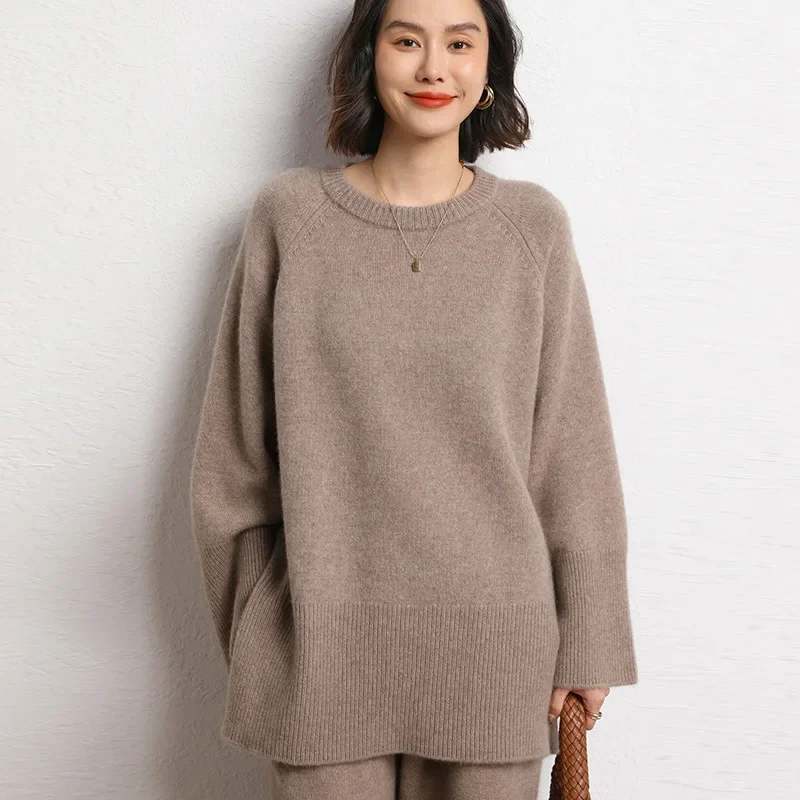 

Loose Fit Shoulder Insert Casual Style Pure Color Slit Knitted Top Soft Thickened Cashmere Sweater round Neck Full Sleeve