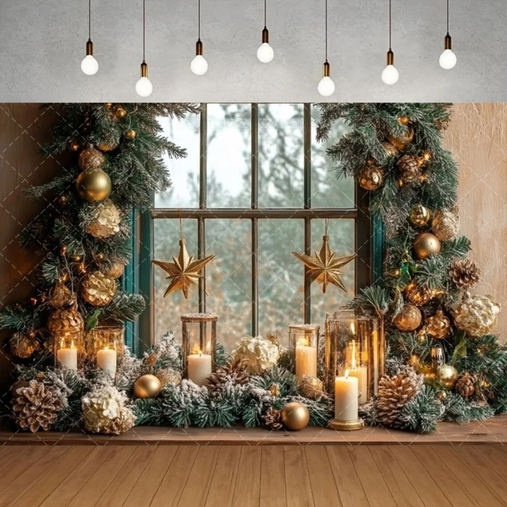 

Winter Christmas Elegant Window Display Banner Shooting Backdrop, Pine Leaf Candle Children's Home Photography Studio Background