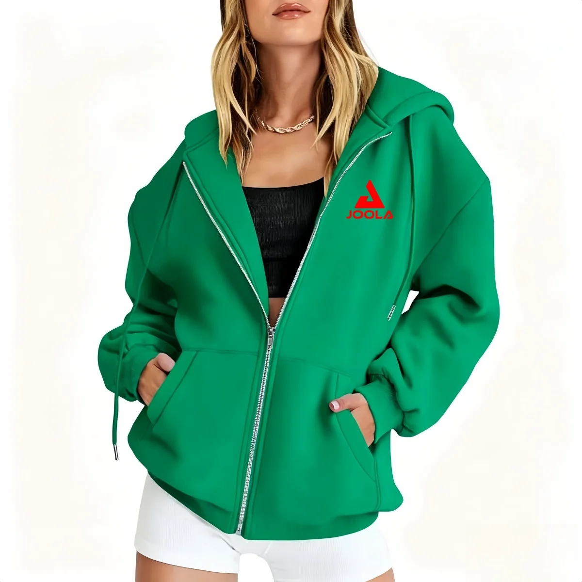 

Street Style Green Embroidered Zipper Hooded Sweatshirt, Loose And Versatile, Casual Slimming Top, Outerwear For Women