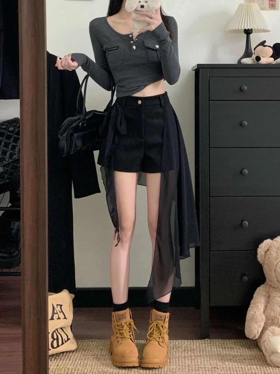 American retro spicy girl style patchwork ribbon high waisted casual pants autumn millennium spicy girl slim trend shorts emo