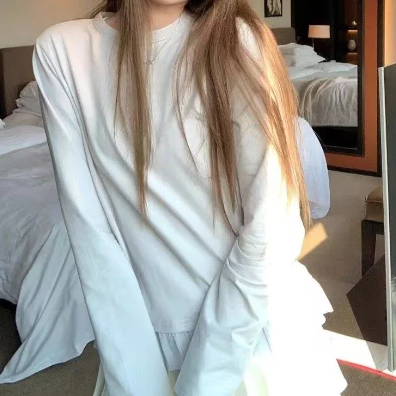 달콤한 플리츠 레이스 밑단 긴 소매 셔츠 여성 가을 겨울 한국 스타일 다용도 심플 화이트 이너웨어 탑 의류