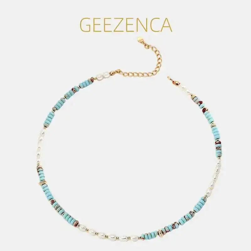 

GEEZENCA 925 Sterling Silver Pearl Blue Stone Spaced Beads Strand Necklace For Women 18K Gold Multi Color Chokers Necklaces Gift