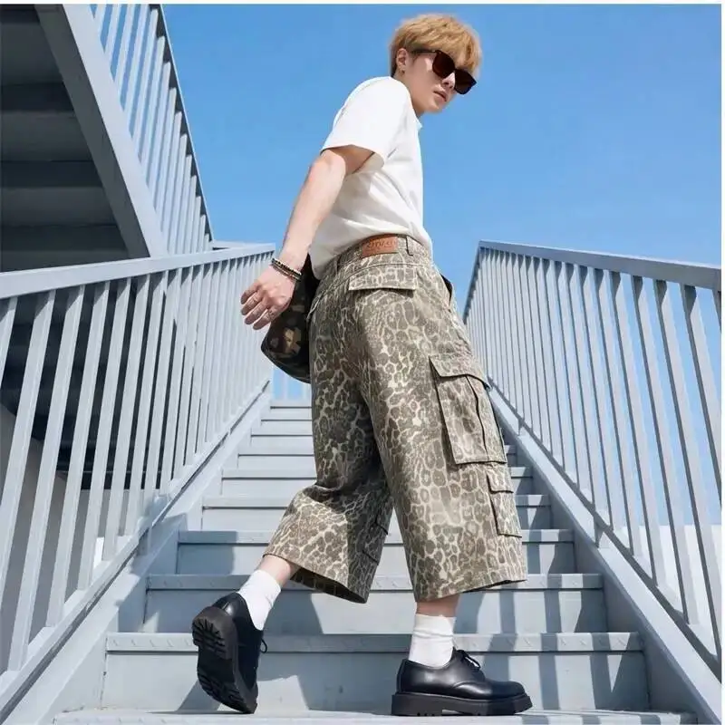 Summer Retro Leopard Print Men's Shorts Loose Casual Workwear Cropped Pants Straight Pocket Design Knee Length Pants OPYZ