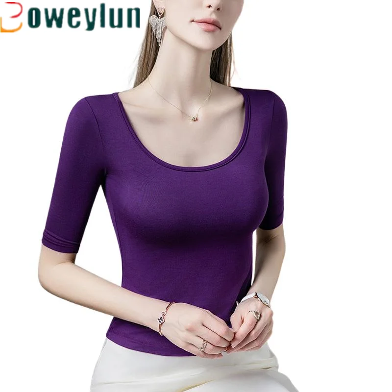 

Boweylun New Modal Five-quarter Sleeve Low Neck T-shirt Summer Women Skin-friendly Slim Round Neck Mid-sleeve Tops