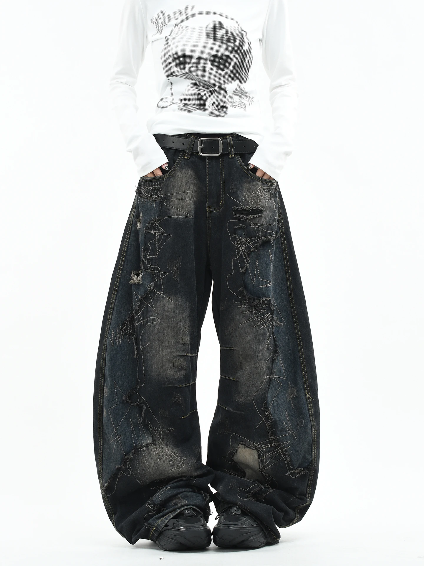 

OV Original American Sle Distred Knife Embroidery Loose Wide Leg Jeans for Men And Women Heavy Du Patched Denim Pants