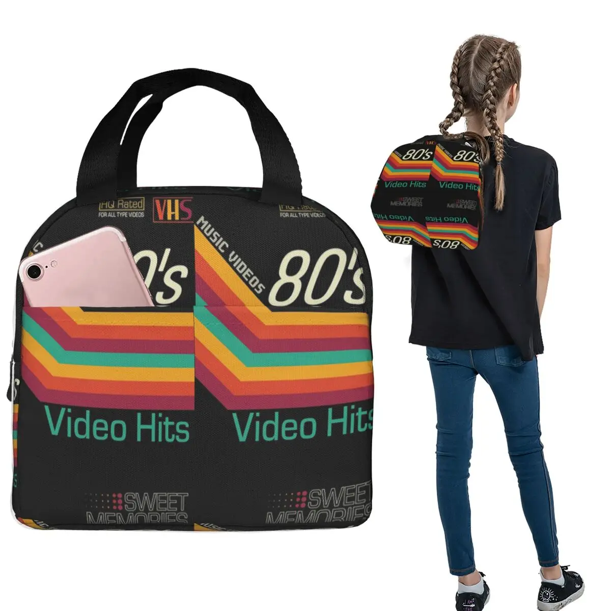 Bolsa térmica retrô para vídeo musical em cassete VHS, bolsa térmica para mulheres e crianças, caixas de comida portáteis, bolsa térmica para almoço