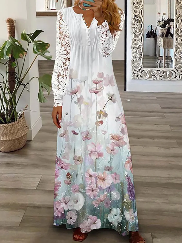 

Платье женское кружевное с длинным рукавом, Свободный Повседневный ажурный сарафан в стиле пэчворк, элегантное облегающее офисное платье с V-образным вырезом, весна-лето