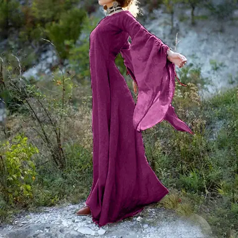 Rönesans Retro uzun parlama kollu Maxi elbise Vintage gotik Victoria tarzı ortaçağ düz renk pamuk keten cadılar bayramı kostüm