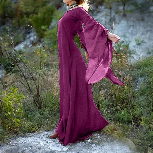 Maxivestido renacentista Retro de manga larga acampanada, Vintage, gótico, estilo Victoria, Medieval, Color sólido, algodón, lino, disfraz de Halloween