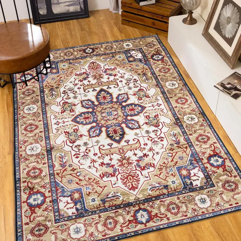 

6x9 Vintage Bohemian Non-slip Washable Area Rug for Living Room and Kitchen, Blue and Gold Flower Design