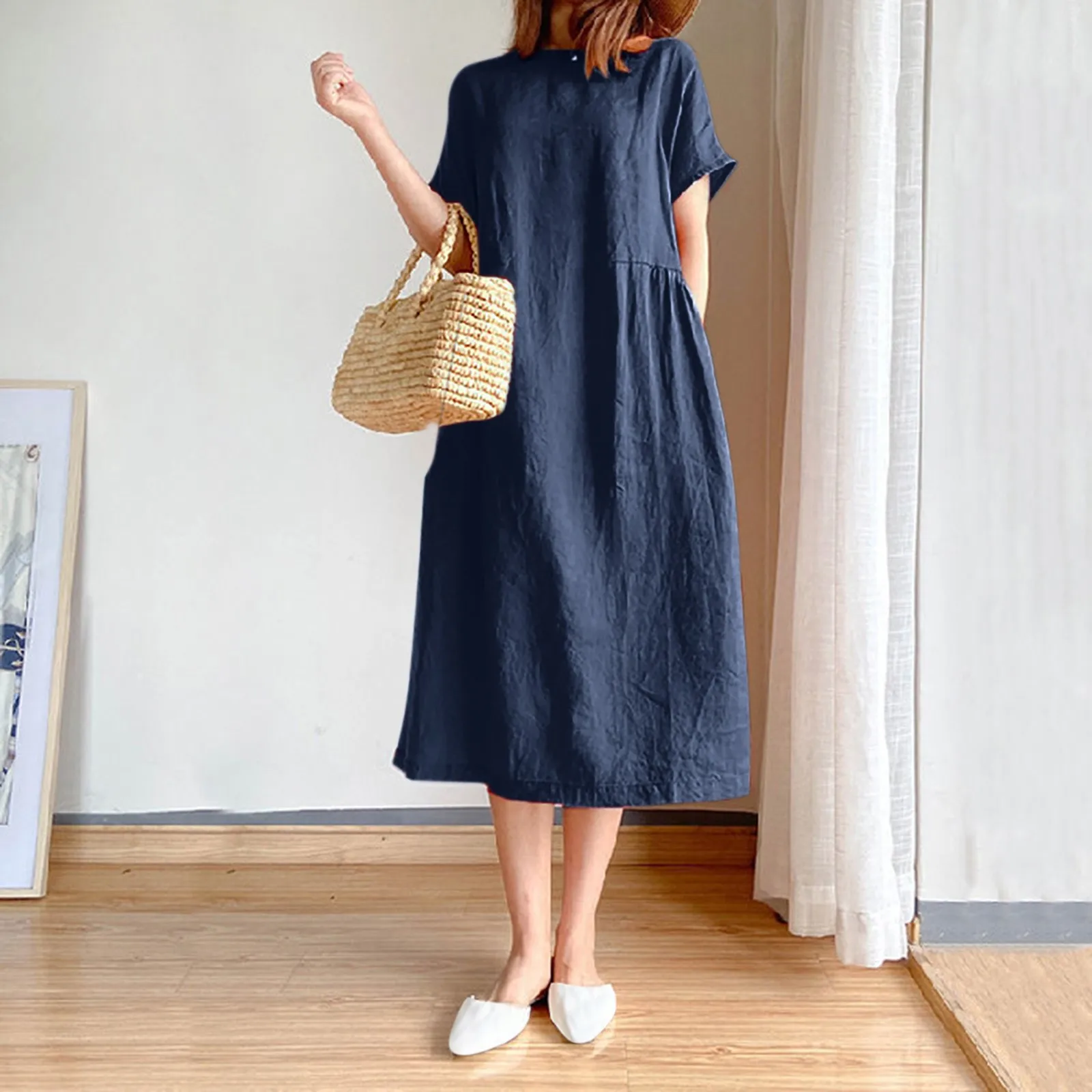 Summer Women Dress Casual Loose Short Sleeve A-LINE Oversize Solid Midi Dress Cotton Linen Dresses for Women Vestidos De Mujer