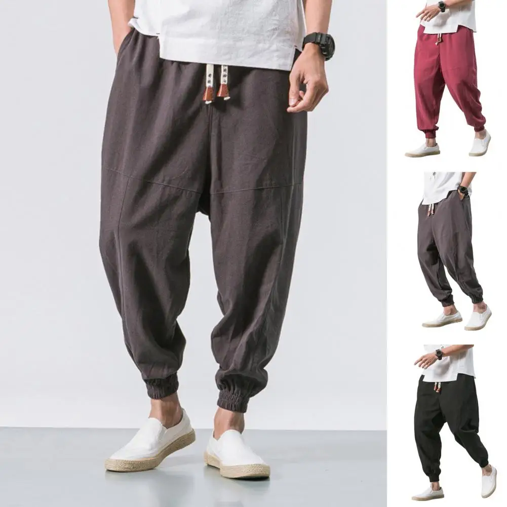 Elastic Waist Trousers Japanese Style Men's Harem Pants with Deep Crotch Ankle Length Pockets for Casual Daily Wear in Plus Size