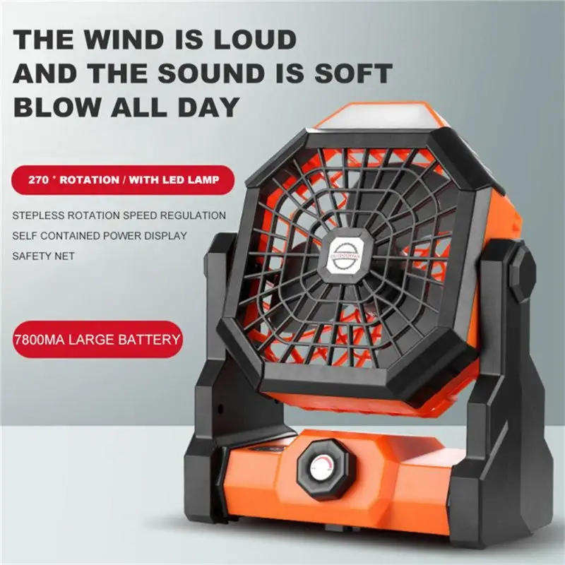 M02K-7800Mah Rechargeable Battery Operated Camping Fan Portable Camping Fan With LED Night Light Orange