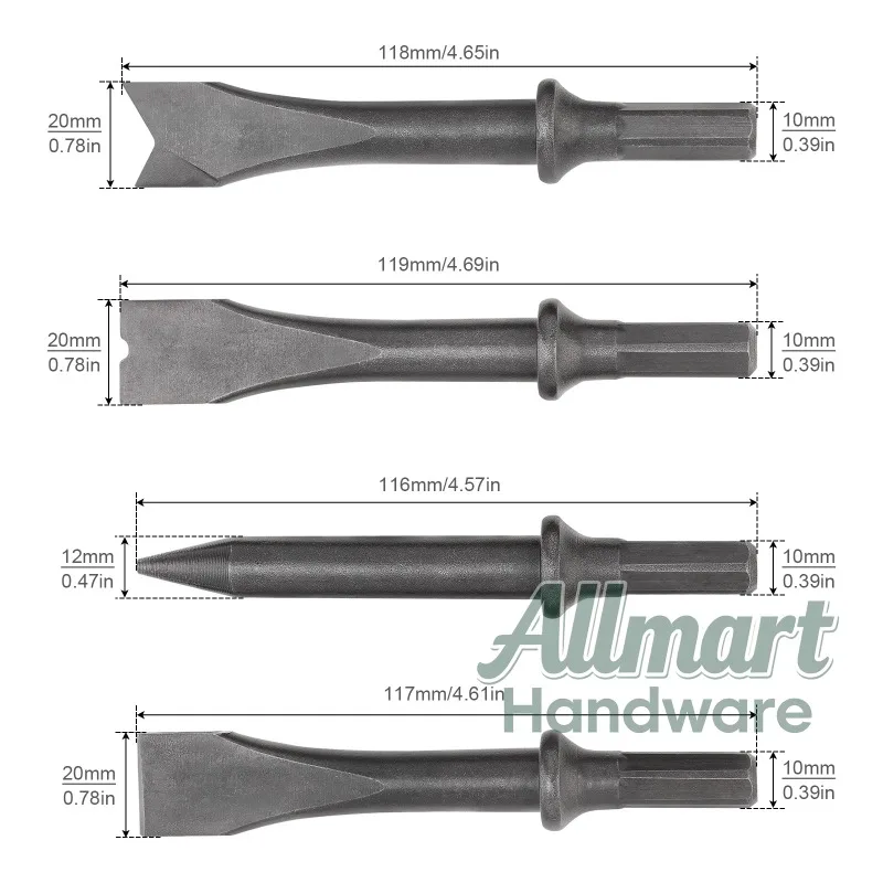 4-piece air hammer chisel set, hexagonal handle, heavy-duty air impact head, used for rust removal and cutting