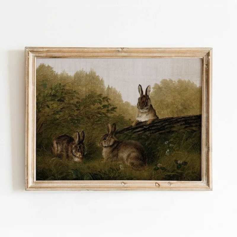 

Винтажные безрамные холщовые принты с изображением кроликов, декор для детской комнаты, антикварный постер с кроликом, пасхальные настенные украшения, декоративные картины