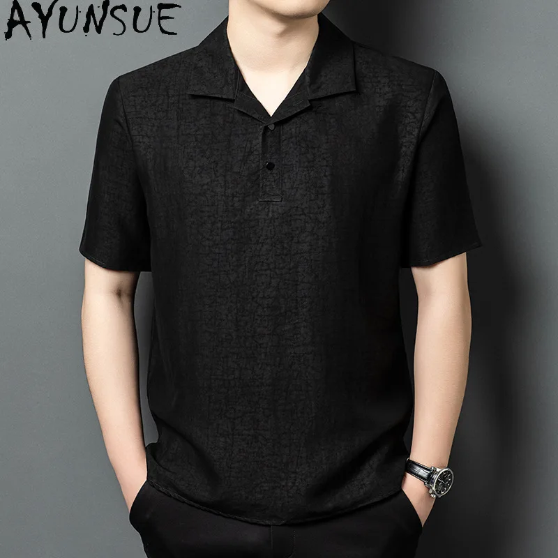 AYUNSUE 100%Natural Mulberry Silk T Shirt for Men Clothing Summer Top 2026 Luxury Short Sleeve Shirts Casual Black T Shirt Homme