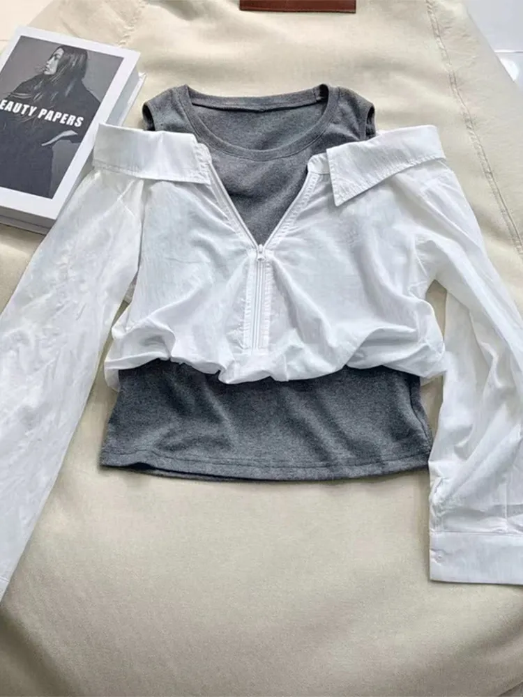 

Белая женская модная повседневная блузка с открытыми плечами и длинным рукавом, свободного кроя, дышащая, весна 2026, новинка