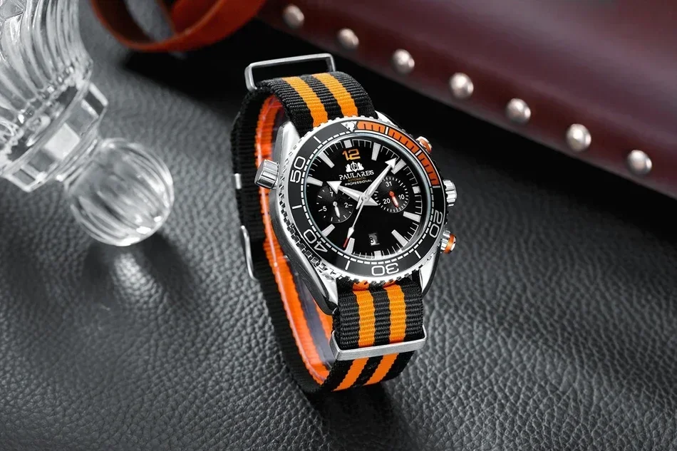 Automatic Watch for Men Mechanical Orange Blue Red Canvas Strap Multifunction Date Month Reloj Hombre Часымеханические Муж