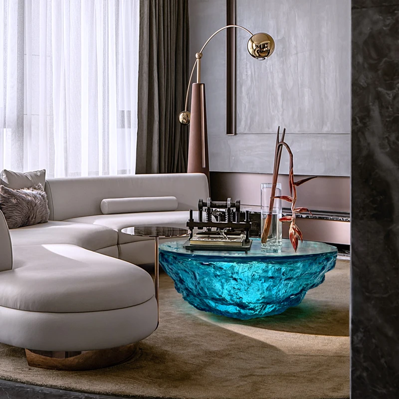 Modern style luxury blue transparent round designed living room resin coffee tables natural marble wholesale customization