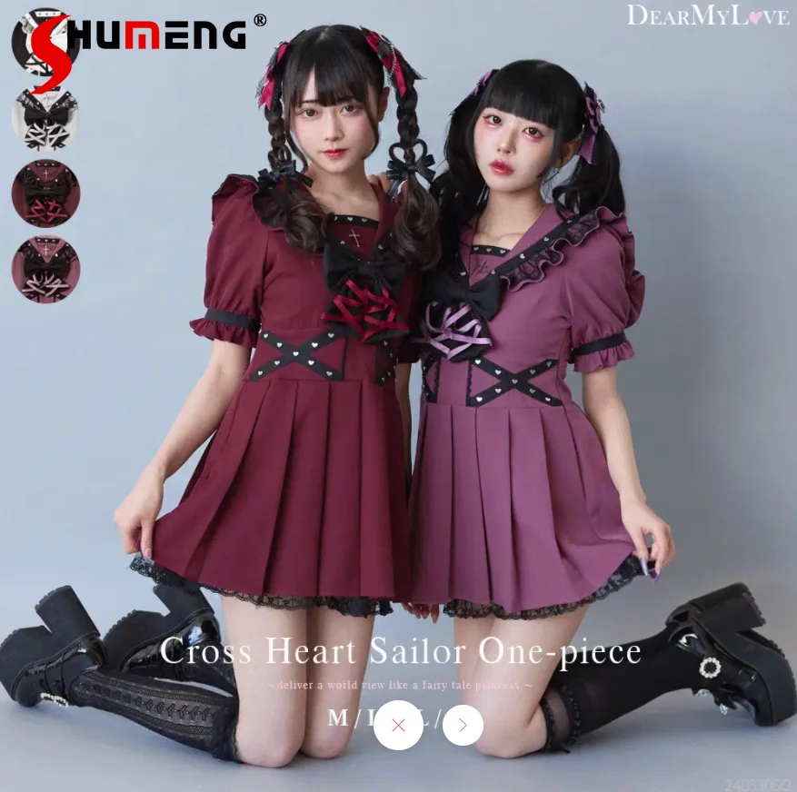 

Japanese Mine Style Love Rivet Ruffles Sailor Collar Bow Short Sleeve High Waist A-line Sweet Lolita Pleated Dress Women Summer