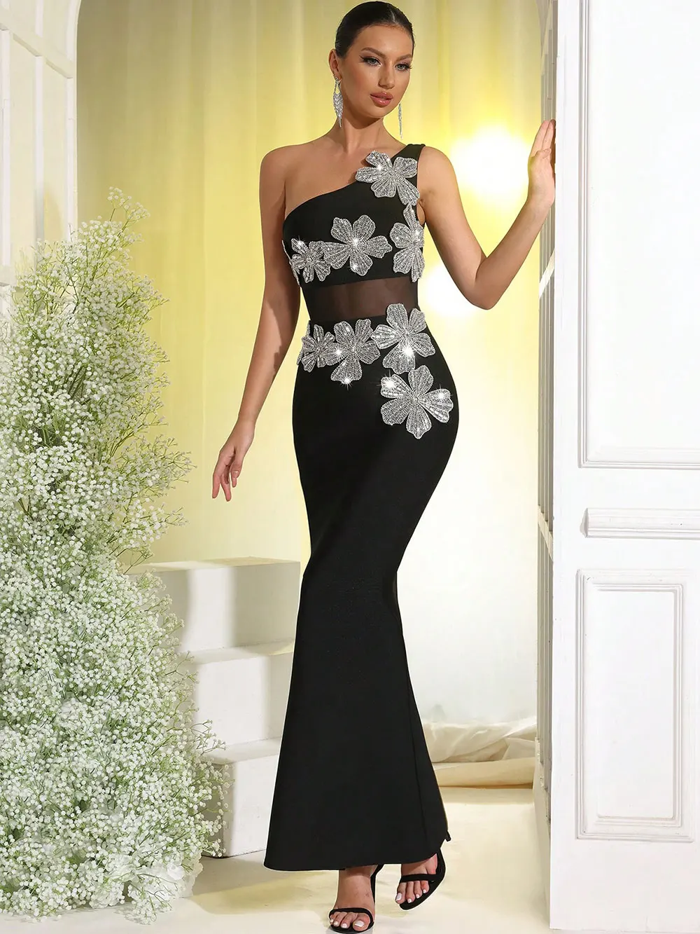 2025 Sexy Women's Light Luxury Flower Set Diamond Design Bandage Dress One Shoulder Sleeveless Bodycon Patchwork Long Dresses